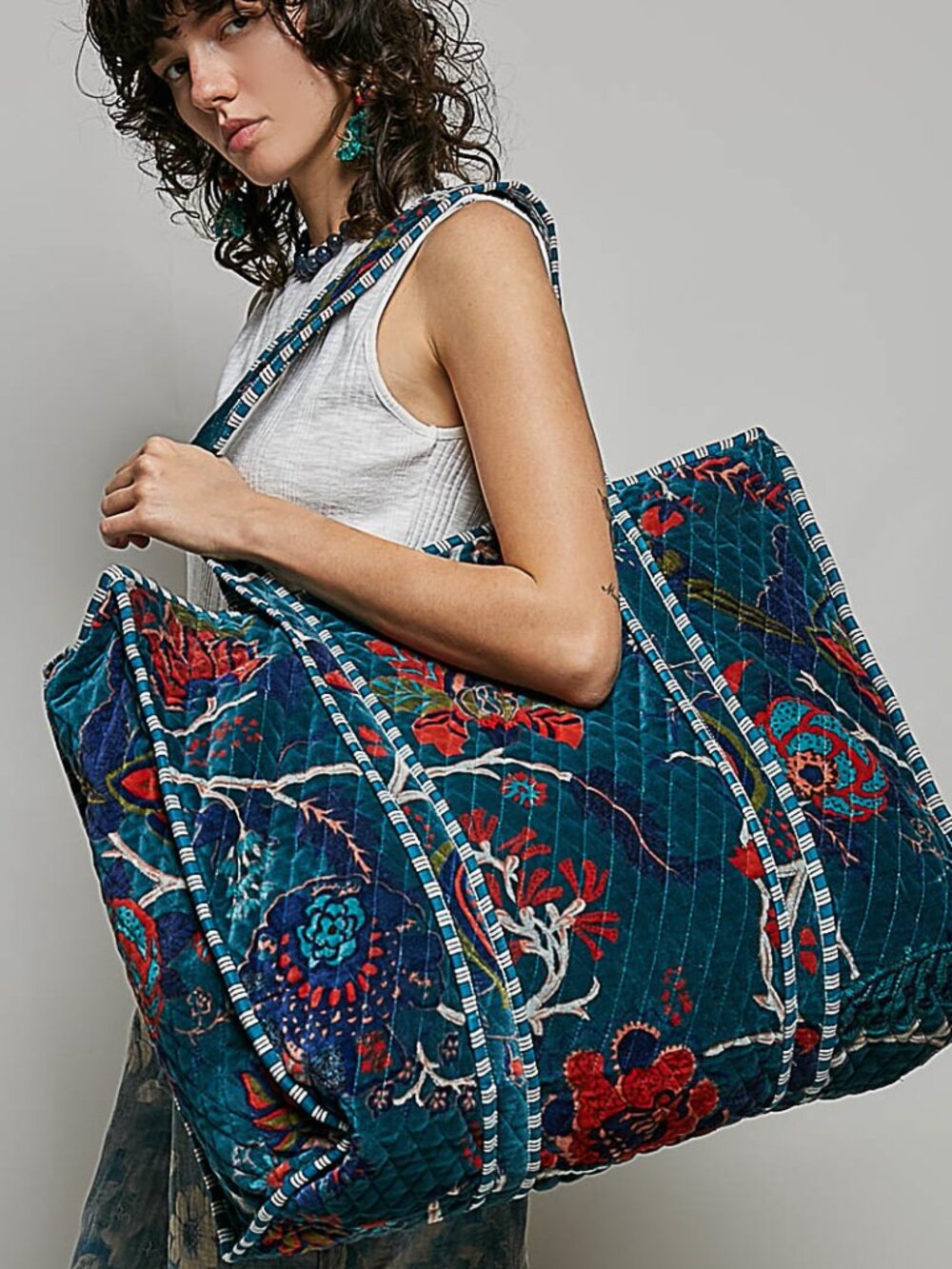 POL Quilted Velvet Teal Green Tote Shoulder Bag Large Travel NWT